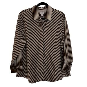 Chico's No Iron‎ Sateen Imperial Stripe Shirt Size 3 US 16/18 Black Tan NEW